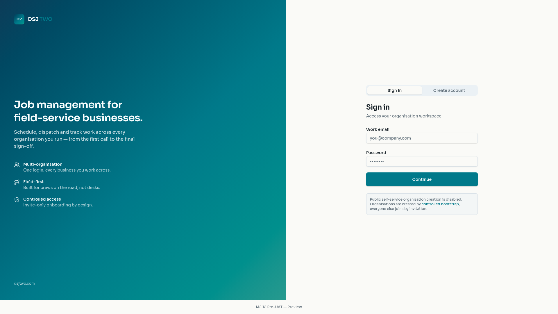 DSJ TWO sign-in screen